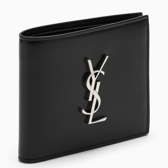 Saint Laurent Men Black Leather YSL Silver Metal Logo Credit Card Bi-Fold Wallet - Picture 1 of 1